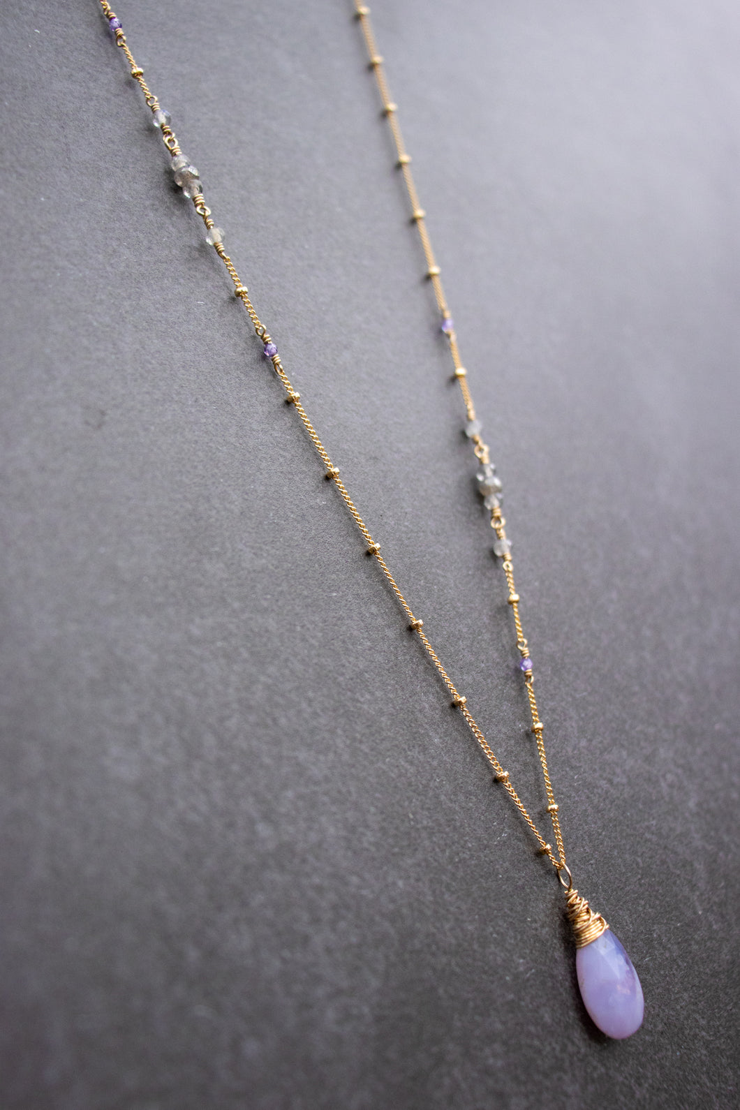 lavender rose quartz karma drop necklace | labradorite + amethyst embellished chain