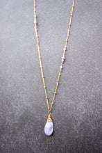 Load image into Gallery viewer, lavender rose quartz karma drop necklace | labradorite + amethyst embellished chain
