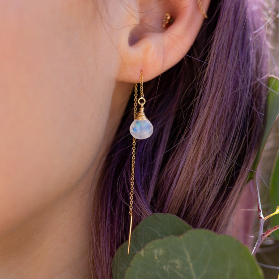 Rainbow Moonstone Gold Threader Earrings