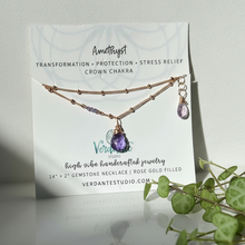Load image into Gallery viewer, dainty amethyst karma drop necklace | rose gold with amethyst embellished chain
