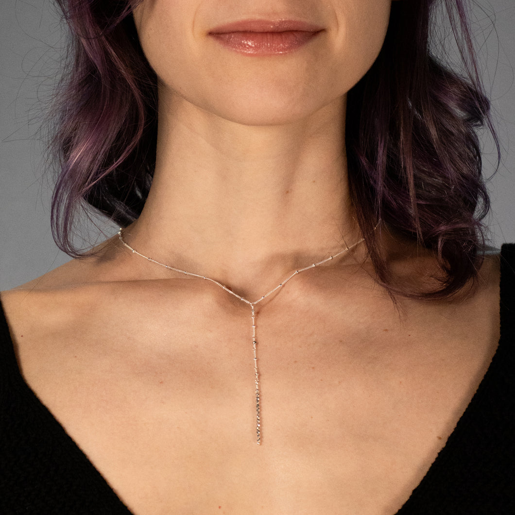 silver pyrite Y lariat necklace