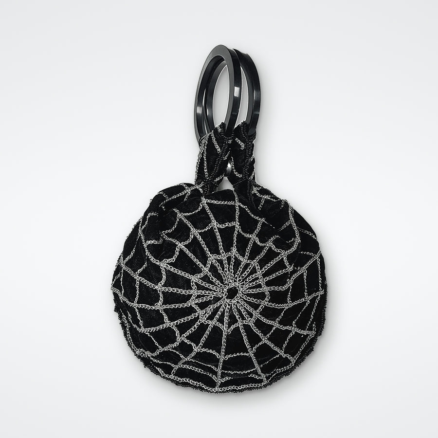Handmade black velvet spiderweb purse with silver chain web and round ring handles, gothic Halloween bag