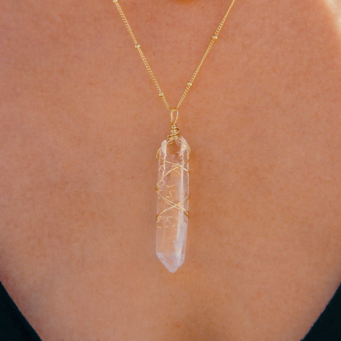 Clear quartz crystal wrapped gemstone 14k gold filled handmade