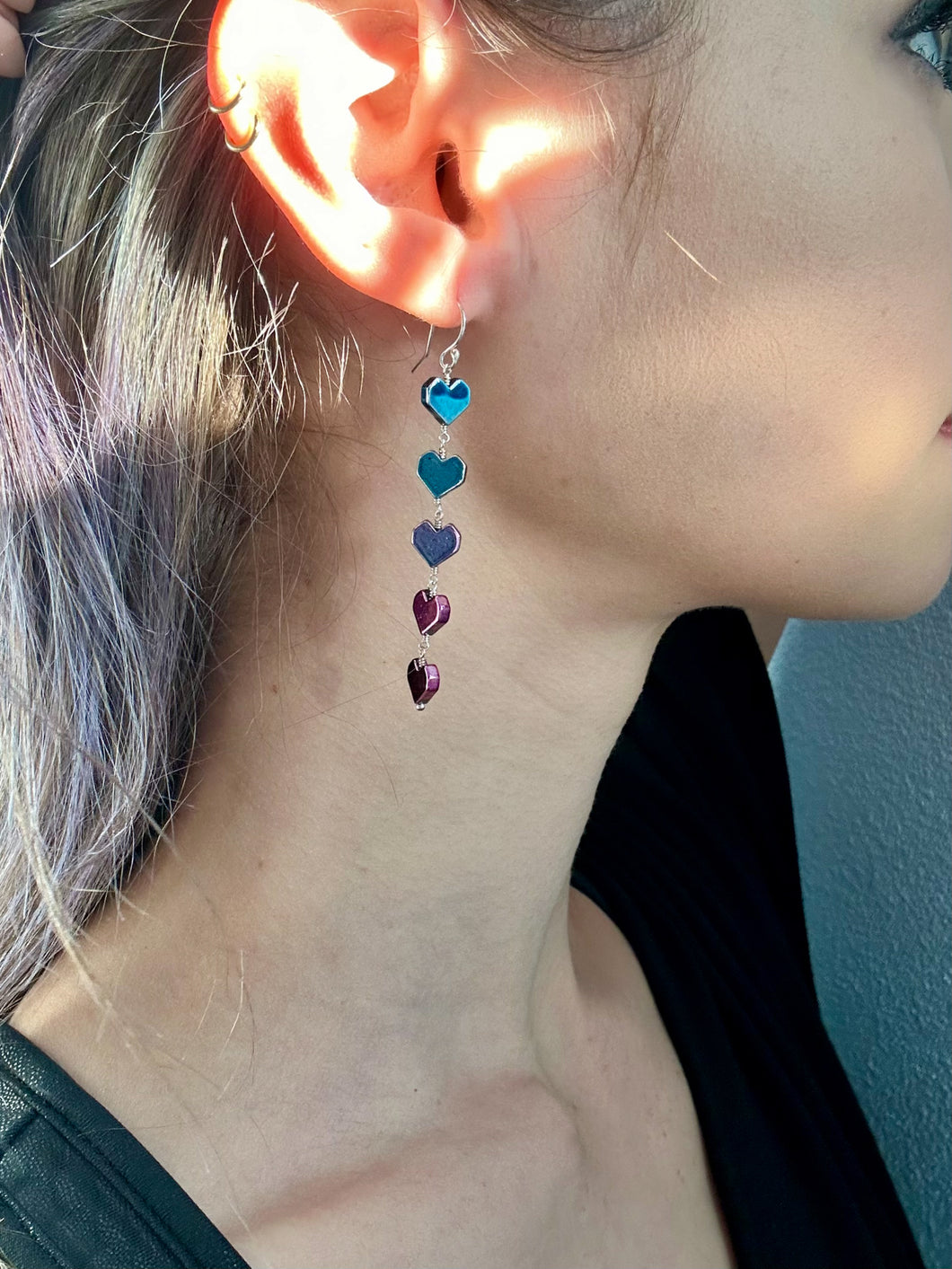 rainbow hematite string of hearts earrings
