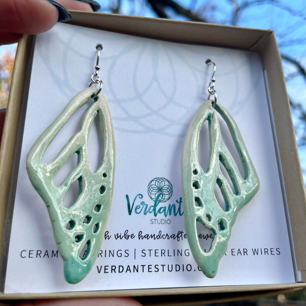 ombré aquamarine ceramic butterfly wing earrings