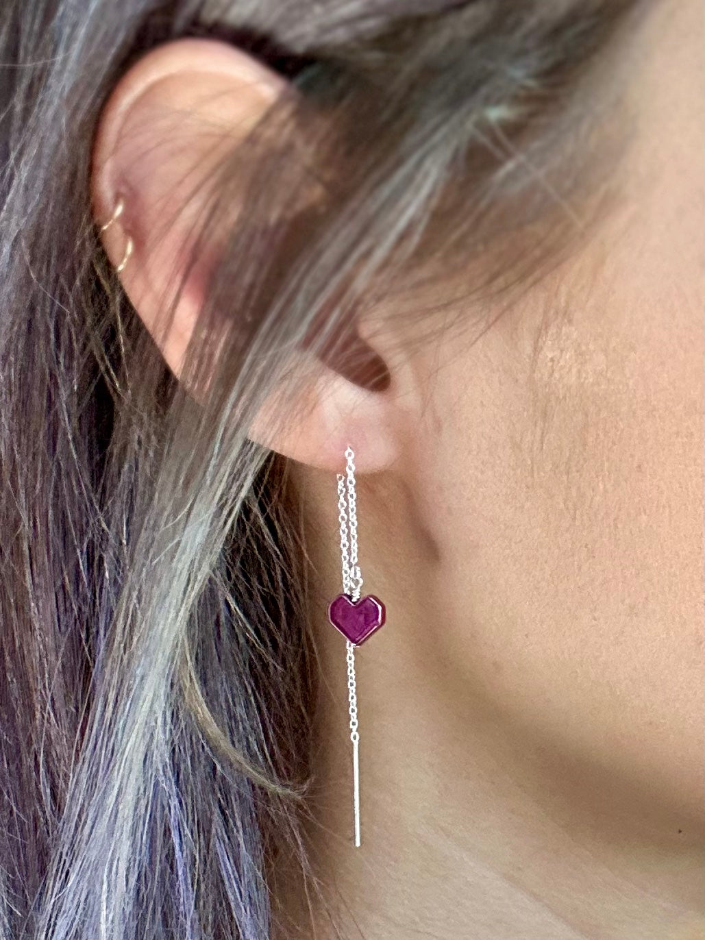 pink hematite heart threader earrings
