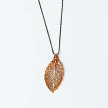 Load image into Gallery viewer, iridescent copper evergreen leaf on oxidized silver chain for men and women
