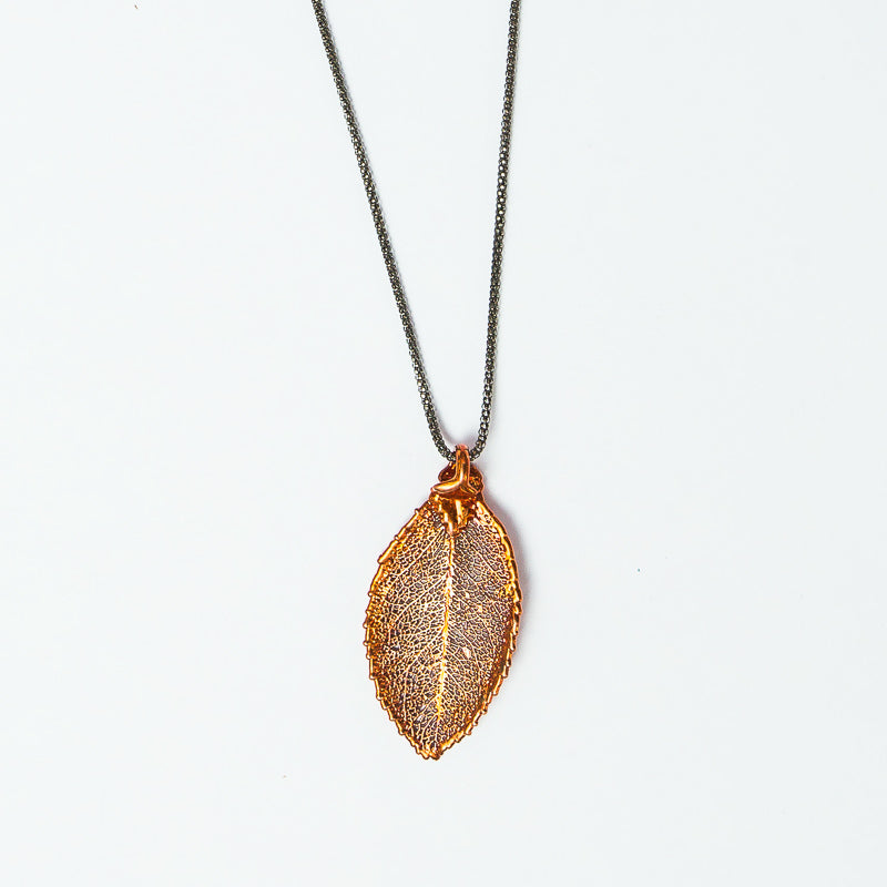 iridescent copper evergreen leaf on oxidized silver chain for men and women