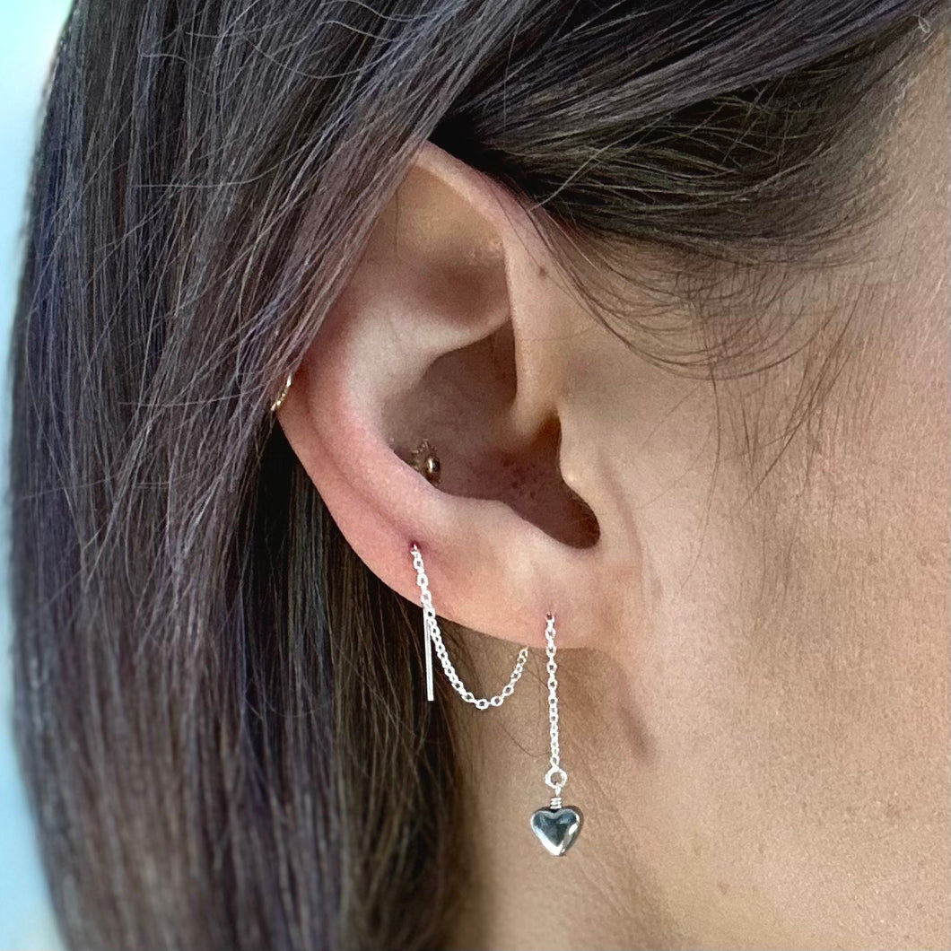 silver hematite heart threader earrings