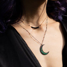 Load image into Gallery viewer, teal enamel moon necklace | blackened silver
