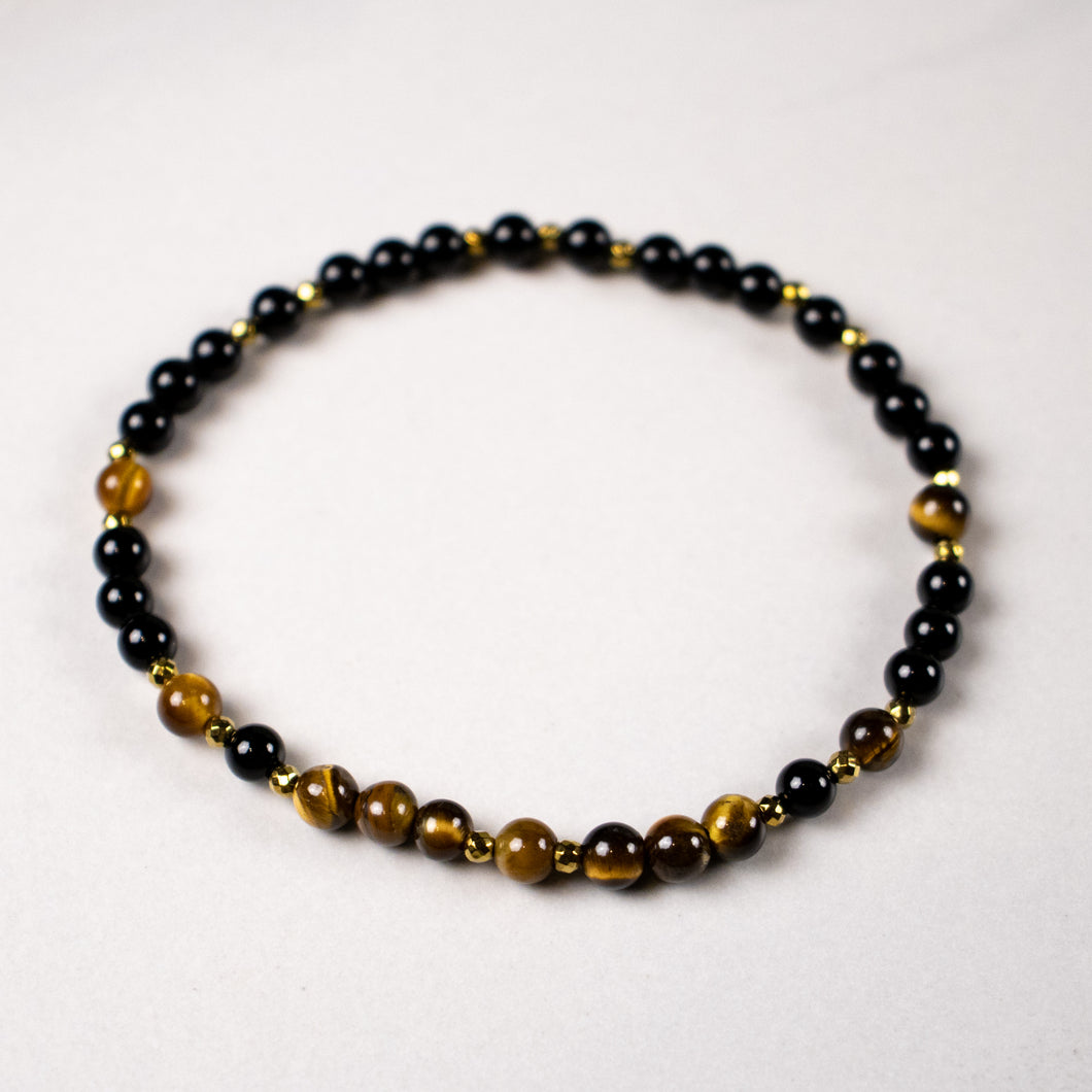 mini bead tiger eye + onyx + pyrite stretch bracelet
