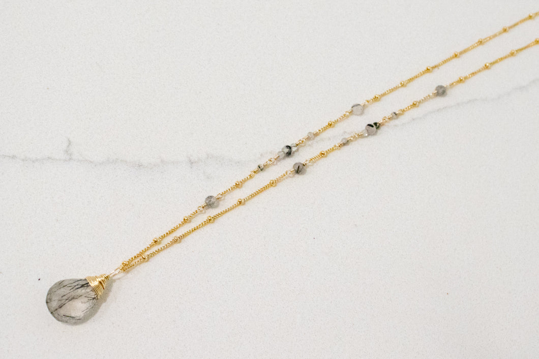 black rutilated quartz karma drop necklace